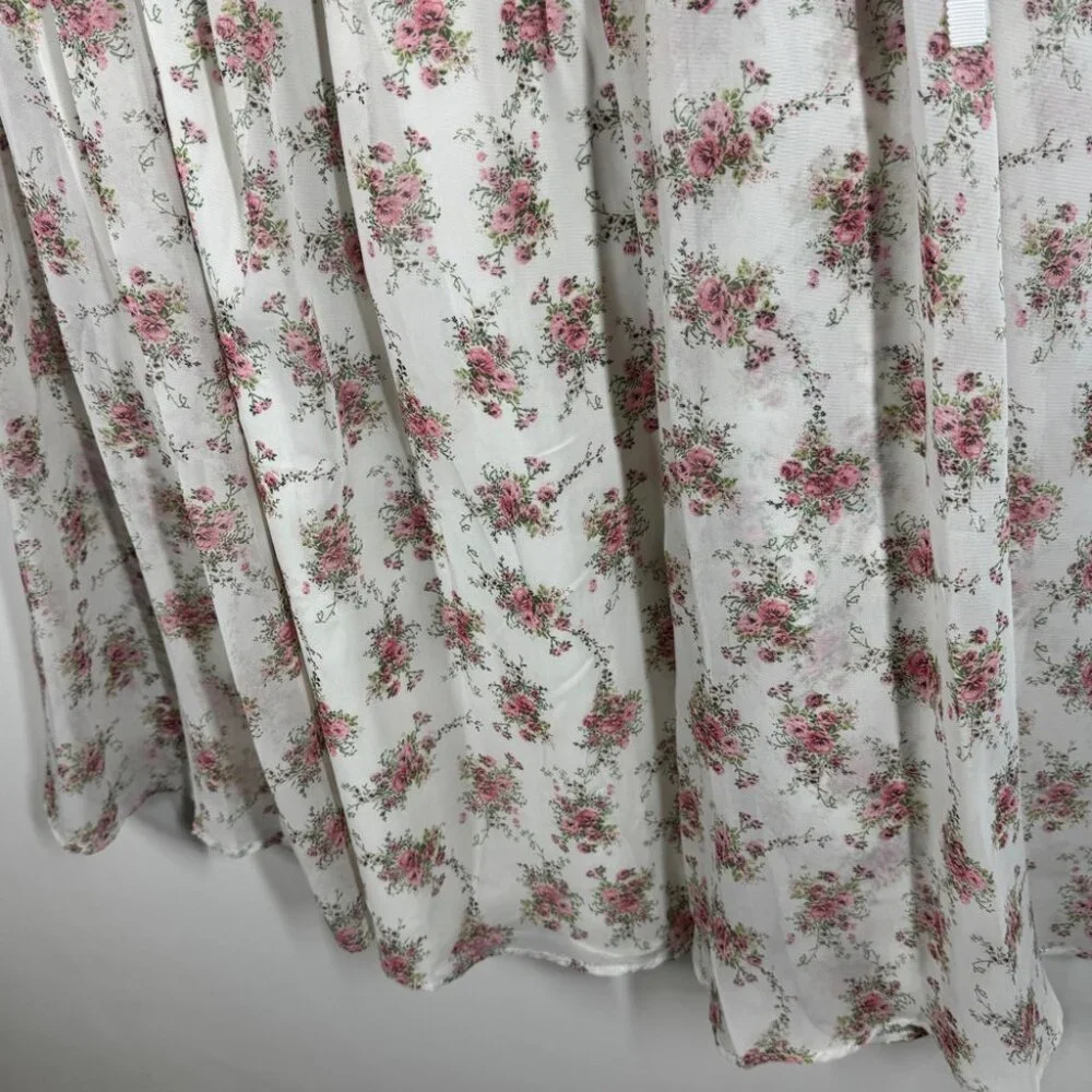 Frime White Floral Pleated Midi Skirt Size L Romantic Cottagecore Flowy Vintage - Picture 4 of 13